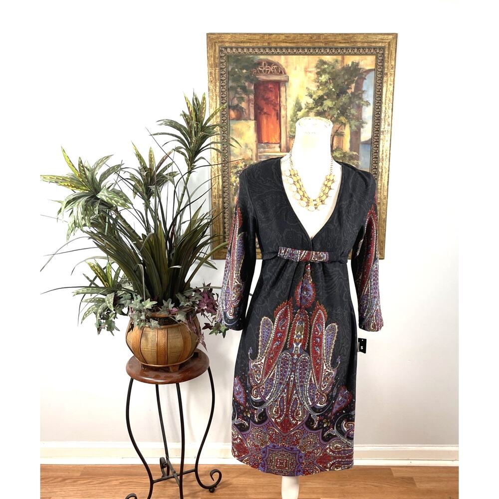 Snap Women's M Black Paisley Print Empire Waist Tie Back Midi Dress Boho Fairy